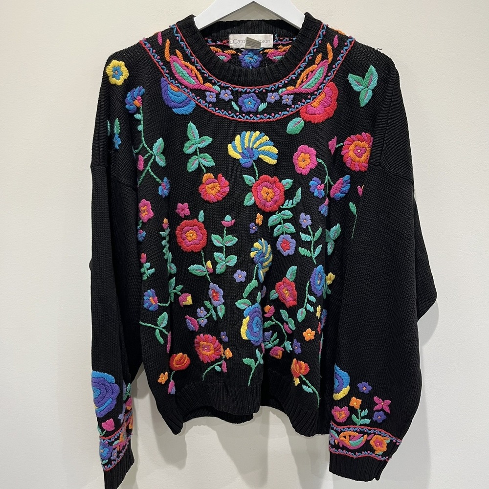 Vtg Carole Hanson Sweater 2X‎ 80s All Over Embroidered Floral Boho Colorful 3D